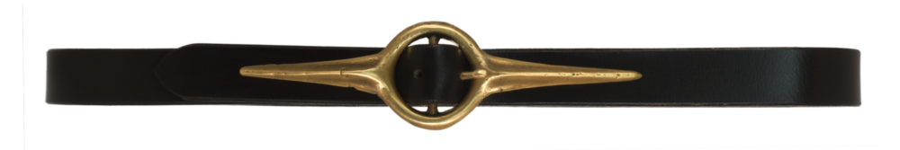 Airport Security belt: sandcast brass buckle with a large point to each side, on a leather strap