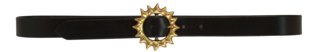 Solar belt: sandcast brass sun buckle with vertical points, on a leather strap