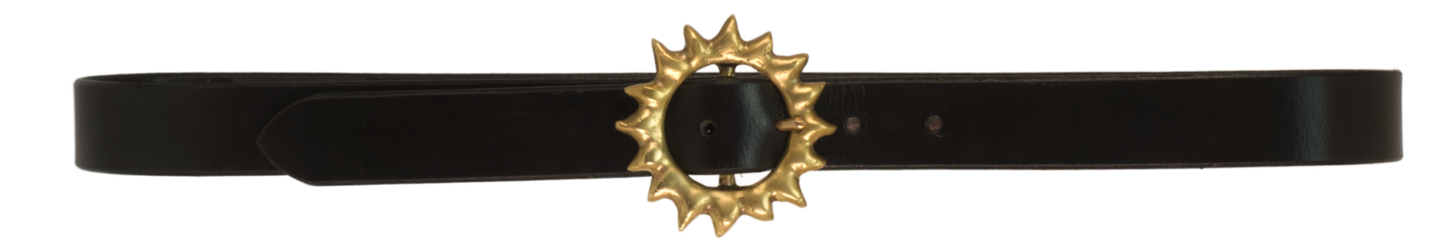 Solar belt: sandcast brass sun buckle with vertical points, on a leather strap