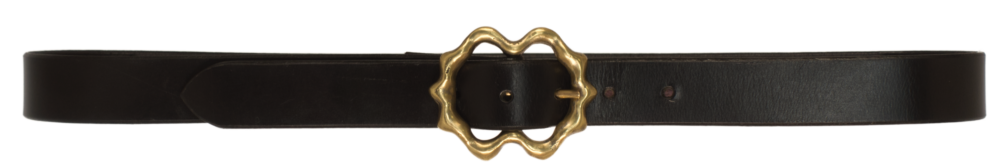 Worp belt: sandcast brass buckle the strap passes through and back, on a 30mm leather strap